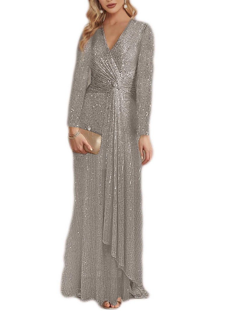 meilun Grey Long Sleeve Sequin Dress for Women Formal Evening Gowns Sparkly V Neck Maxi Dress for Wedding Guest,M - Image 1