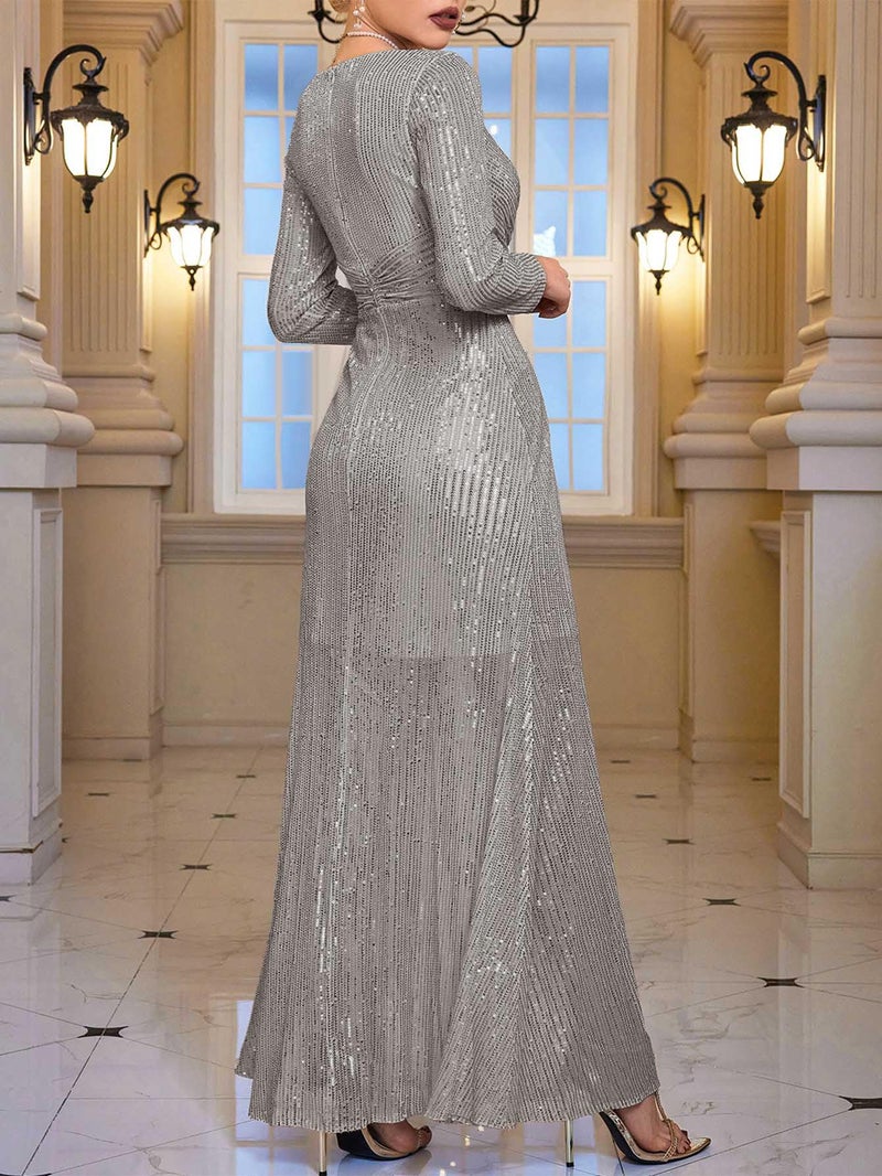 meilun Grey Long Sleeve Sequin Dress for Women Formal Evening Gowns Sparkly V Neck Maxi Dress for Wedding Guest,M - Image 5