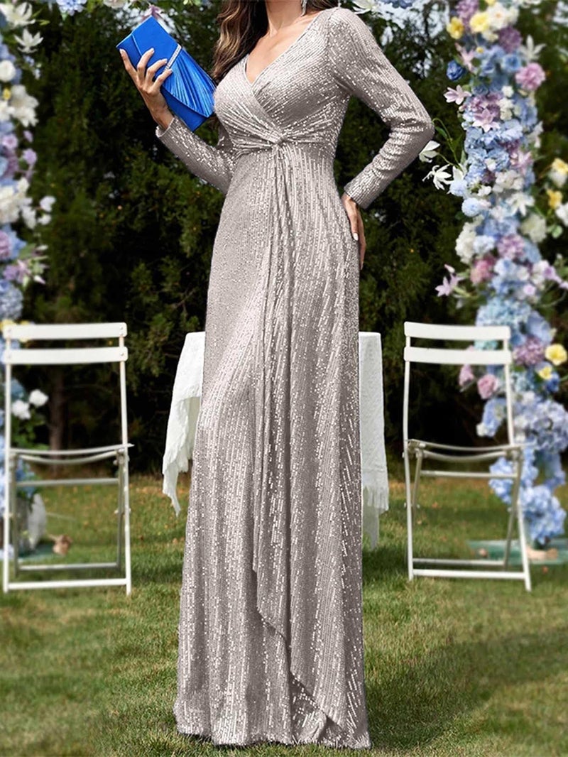 meilun Grey Long Sleeve Sequin Dress for Women Formal Evening Gowns Sparkly V Neck Maxi Dress for Wedding Guest,M - Image 3