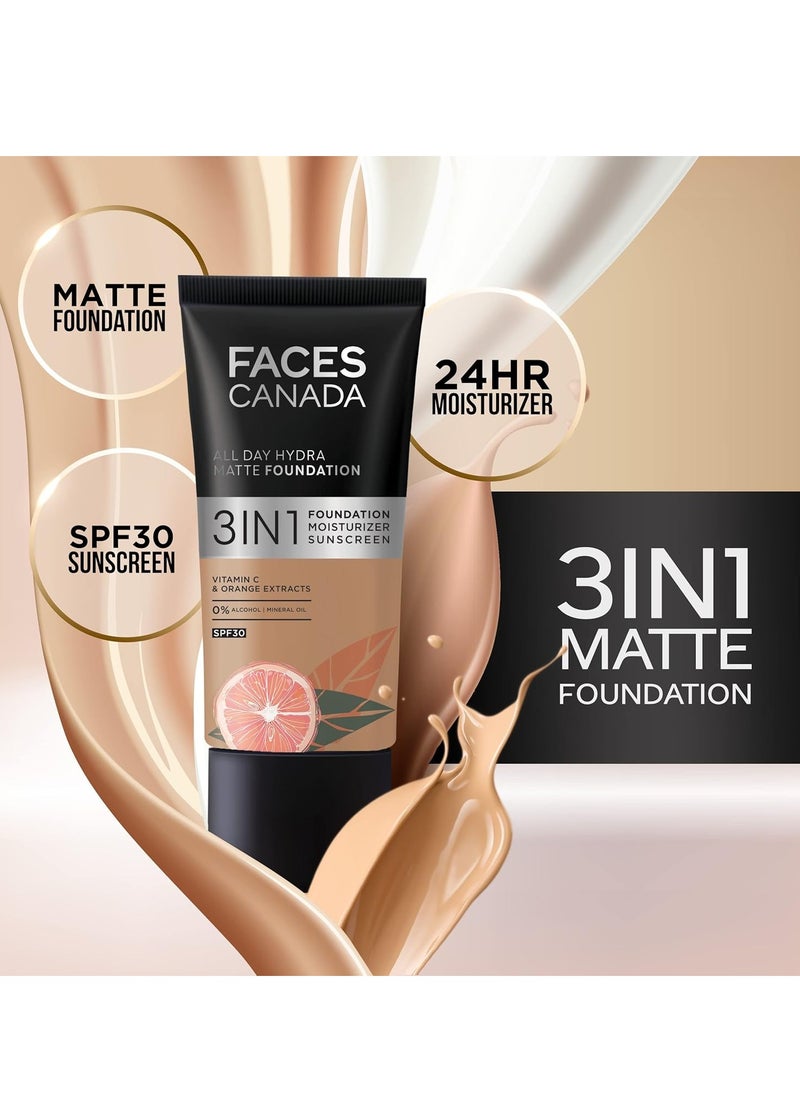 Facescanada - FACESCANADA All Day Hydra Matte Foundation Cream| 3-In-1 Foundation + Moisturizer + Spf 30 | 24 Hr Aloe Hydration & Vitamin C | 10Hr Long Wear | Medium To High Buildable Coverage | Soft Sand | 25Ml - Image 1