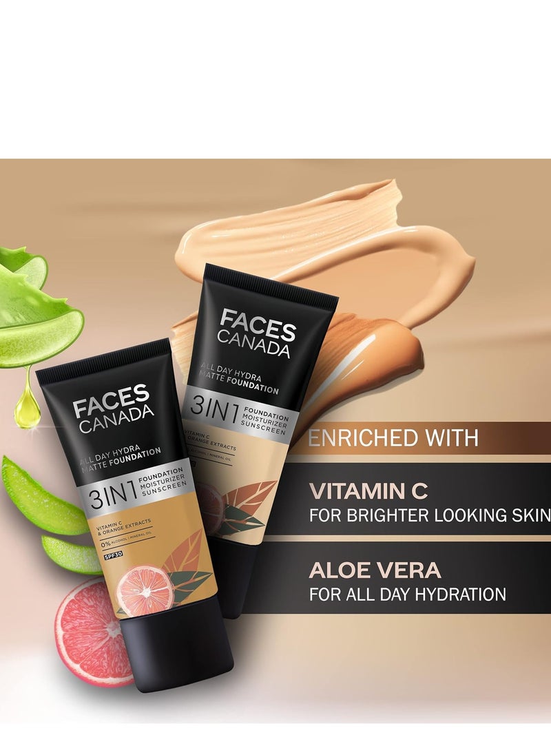 Facescanada - FACESCANADA All Day Hydra Matte Foundation Cream| 3-In-1 Foundation + Moisturizer + Spf 30 | 24 Hr Aloe Hydration & Vitamin C | 10Hr Long Wear | Medium To High Buildable Coverage | Soft Sand | 25Ml - Image 1