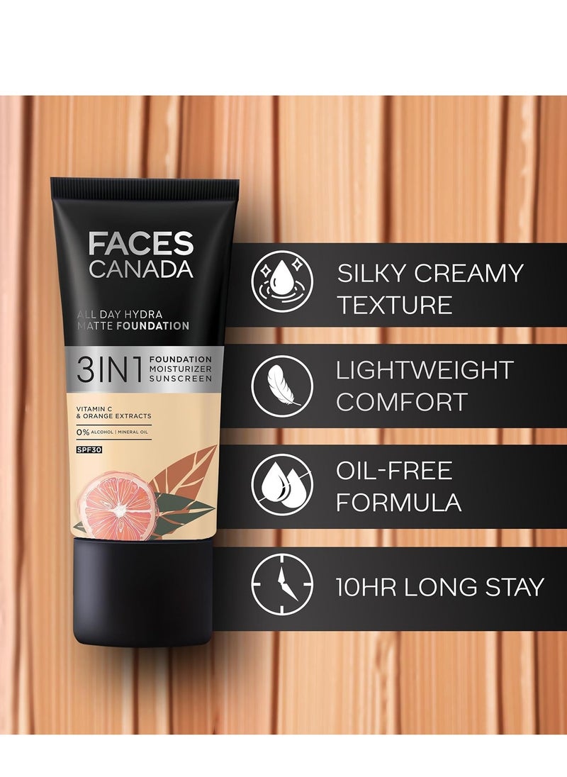 Facescanada - FACESCANADA All Day Hydra Matte Foundation Cream| 3-In-1 Foundation + Moisturizer + Spf 30 | 24 Hr Aloe Hydration & Vitamin C | 10Hr Long Wear | Medium To High Buildable Coverage | Soft Sand | 25Ml - Image 1
