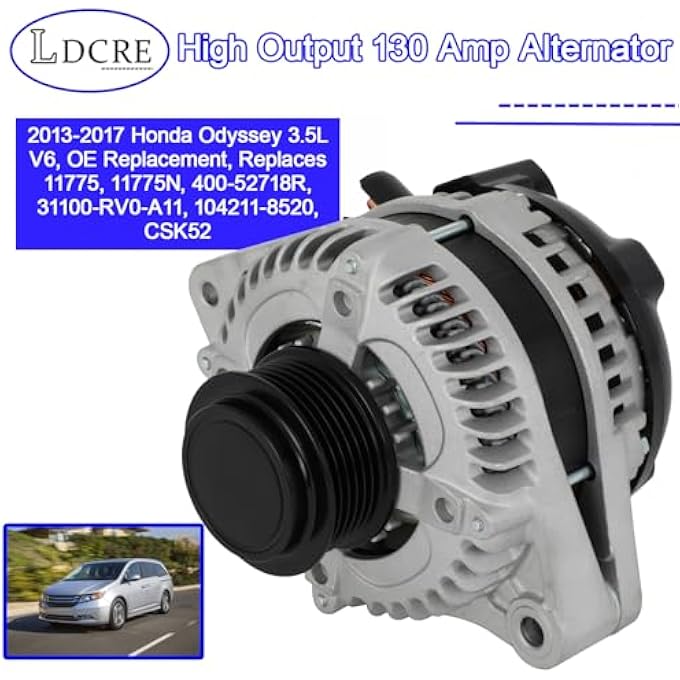 LDCRE High Output 130 Amp Alternator, Compatible with 2013-2017 Honda Odyssey 3.5L V6, OE Replacement, Replaces 11775, 11775N, 400-52718R, 31100-RV0-A11, 104211-8520, CSK52 - Image 2