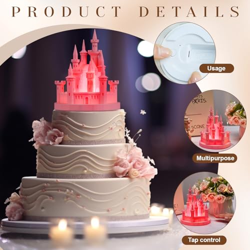Baquler Castle Cake Topper Figurine Wedding Cake Topper Birthday Castle Night Light USB Rechargeable Princess Night Light for Wedding Birthday Party Decor(Pink) - Image 3