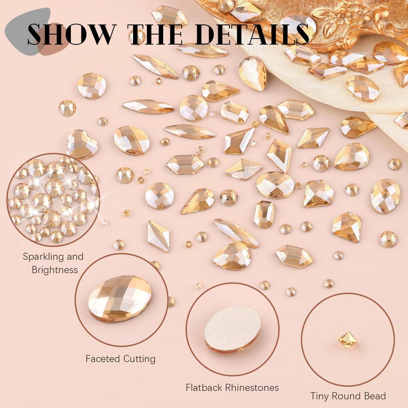 BELLEBOOST 3100Pcs Champagne Gold Nail Rhinestones Kit, 1.5-3mm Mini Nail Gems + Multi Shapes Glass Crystal, Gold Flatback Diamond Gemstones Charms for Acrylic Nails Art Decoration - Image 3