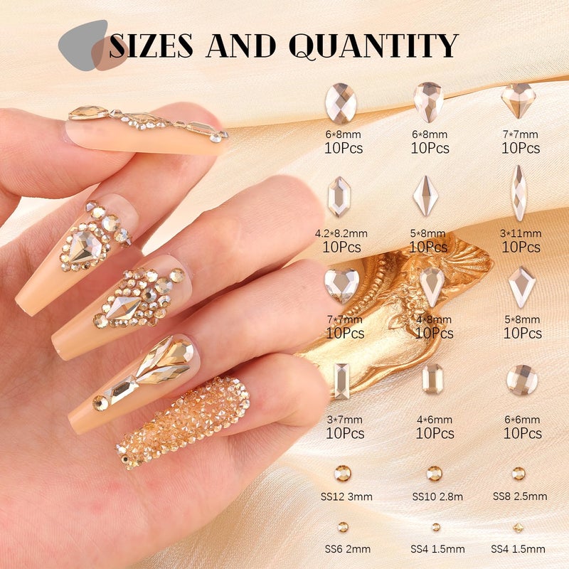 BELLEBOOST 3100Pcs Champagne Gold Nail Rhinestones Kit, 1.5-3mm Mini Nail Gems + Multi Shapes Glass Crystal, Gold Flatback Diamond Gemstones Charms for Acrylic Nails Art Decoration - Image 2