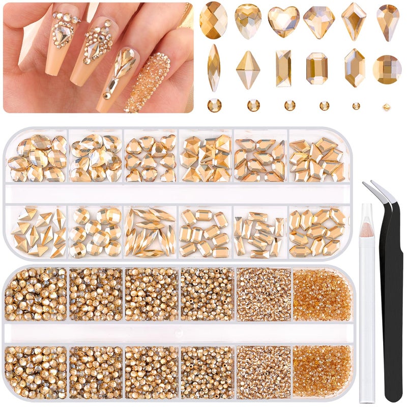 BELLEBOOST 3100Pcs Champagne Gold Nail Rhinestones Kit, 1.5-3mm Mini Nail Gems + Multi Shapes Glass Crystal, Gold Flatback Diamond Gemstones Charms for Acrylic Nails Art Decoration - Image 1