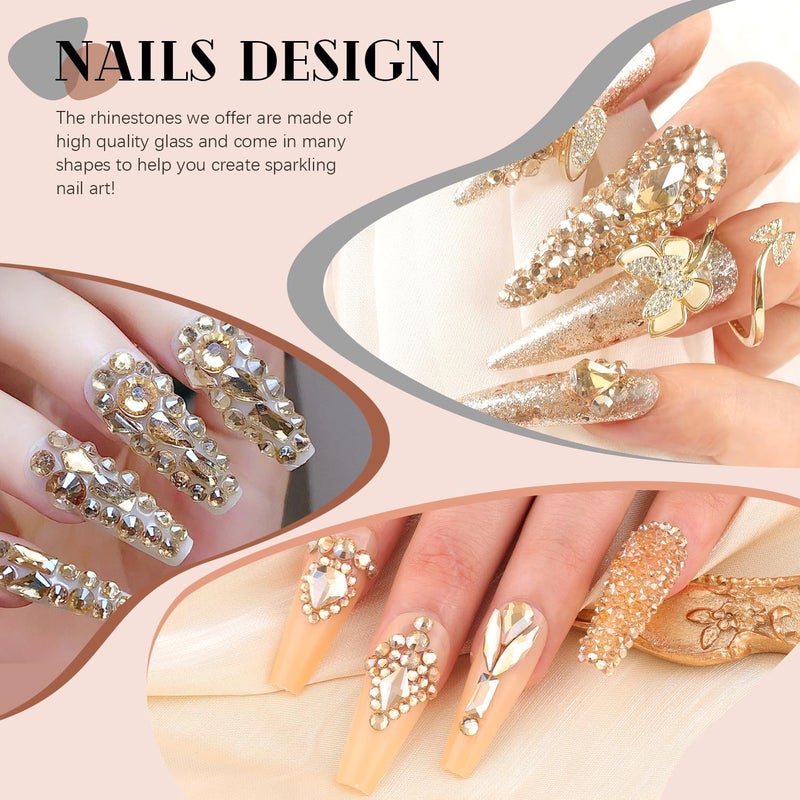 BELLEBOOST 3100Pcs Champagne Gold Nail Rhinestones Kit, 1.5-3mm Mini Nail Gems + Multi Shapes Glass Crystal, Gold Flatback Diamond Gemstones Charms for Acrylic Nails Art Decoration - Image 5