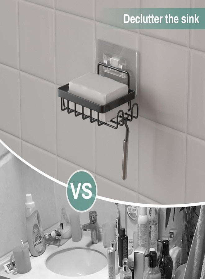 Oasiteege Adhesive Soap Bar Holder for Shower Wall, Self Draining Soap Dish Container Caddy Saver with 2 Hooks for Razor Loofah, Shampoo Sponge Tray Case Box for Bathroom Kitchen Sink, Black - Image 2
