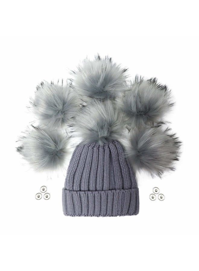 Furryvalley Faux Fur Pompom 6pcs DIY Crafts Fluffy Balls for Hat Shoes Scarves with Snap Fastener Removable Knitting Hat Accessories 6 Inch Extra Large (Gray) - Image 1
