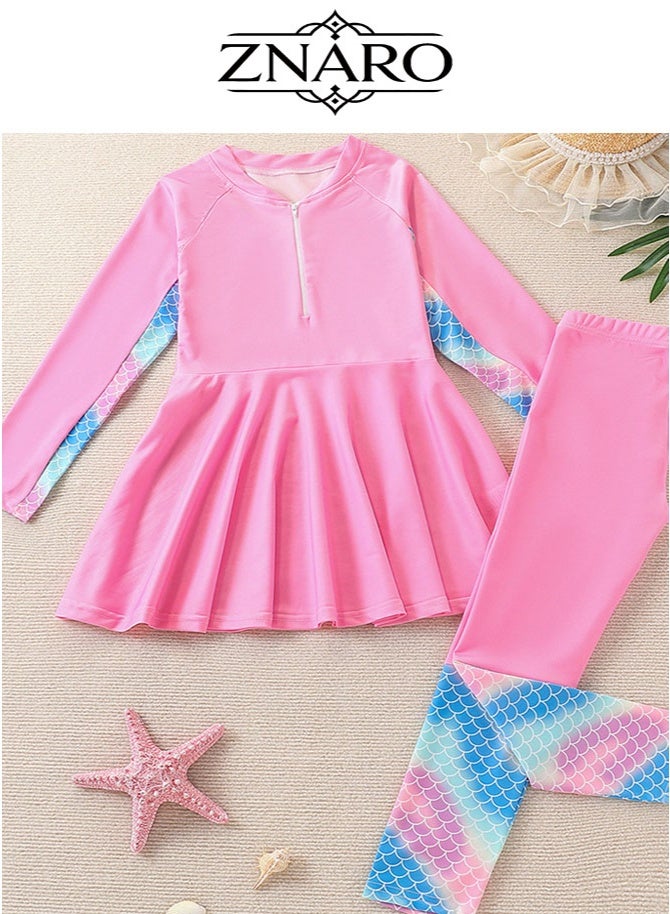 ZNARO Girls Long Sleeve Swimsuit Set, 2 Piece Modest Swimwear with UPF 50+ UV Protection, Rash Guard Full Coverage Bathing Suit for 8-12 Years, Ideal for Beach, Pool & Swim Lessons (Pink, 10 Years) - Image 1