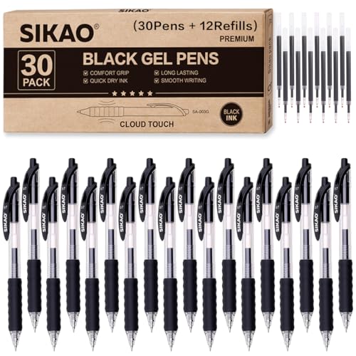 Sikao Black Gel Pens Bulk 30 Pack, 0.7mm Fine Point Smooth Writing No-Smudge Black Ink, Retractable Click Pens with CLOUD TOUCH Grip, Comfortable Gel Rollerball Pens for Office, School, Teachers & Servers - Image 1