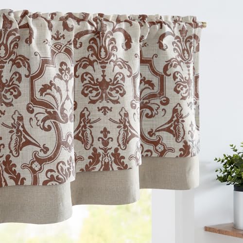 jinchan Linen Valance Curtain for Kitchen Vintage Damask Floral Blackout Valance Double Layer Small Window Curtain for Living Room Bedroom Bathroom 18 Inch Rod Pocket 1 Panel Terracotta on Beige - Image 1