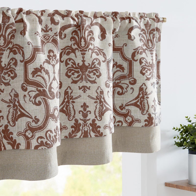 jinchan Linen Valance Curtain for Kitchen Vintage Damask Floral Blackout Valance Double Layer Small Window Curtain for Living Room Bedroom Bathroom 18 Inch Rod Pocket 1 Panel Terracotta on Beige - Image 2