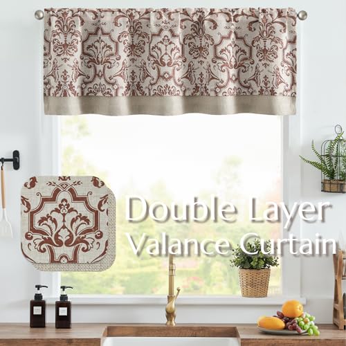 jinchan Linen Valance Curtain for Kitchen Vintage Damask Floral Blackout Valance Double Layer Small Window Curtain for Living Room Bedroom Bathroom 18 Inch Rod Pocket 1 Panel Terracotta on Beige - Image 3