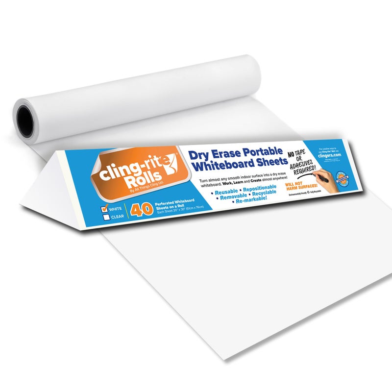 Clingers Instant Whiteboards - Repositional Dry Erase Sheets, 40 Whiteboards per Roll, 20x30 Inch, Removable & Recyclable Cling-rite Rolls for School, Office Decor, and Art Projects - American Made - Image 1