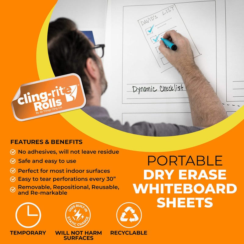 Clingers Instant Whiteboards - Repositional Dry Erase Sheets, 40 Whiteboards per Roll, 20x30 Inch, Removable & Recyclable Cling-rite Rolls for School, Office Decor, and Art Projects - American Made - Image 2