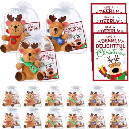 Silipull 12 Pcs Christmas Stuffed Reindeers with Holiday Icon Scarf Xmas Deer Gifts 4 Plush Elk Animal Toy for Adults Teacher Gifts Family Reunions Holiday Events - Image 1