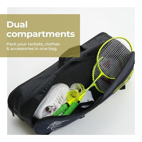 Lifelong Polyester Badminton Kit Bag for Men & Women | Dual Compartment, Personal Care Pouch | Water-Resistant, Soft Pads, Adjustable Strap | for Badminton, Gym & Outdoor Use (Black & Green) - Image 2