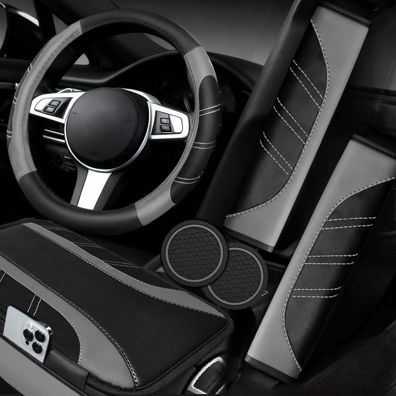 NBTEPEM 6 Pcs Gray Car Accessories Set, Sport Leather Steering Wheel Cover 14.5-15inch Universal, Microfiber Leather Car Center Console Cover, Seat Belt Cushion, Cup Holder Coaster (Black-Gray) - Image 1