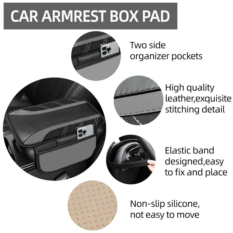 NBTEPEM 6 Pcs Gray Car Accessories Set, Sport Leather Steering Wheel Cover 14.5-15inch Universal, Microfiber Leather Car Center Console Cover, Seat Belt Cushion, Cup Holder Coaster (Black-Gray) - Image 4
