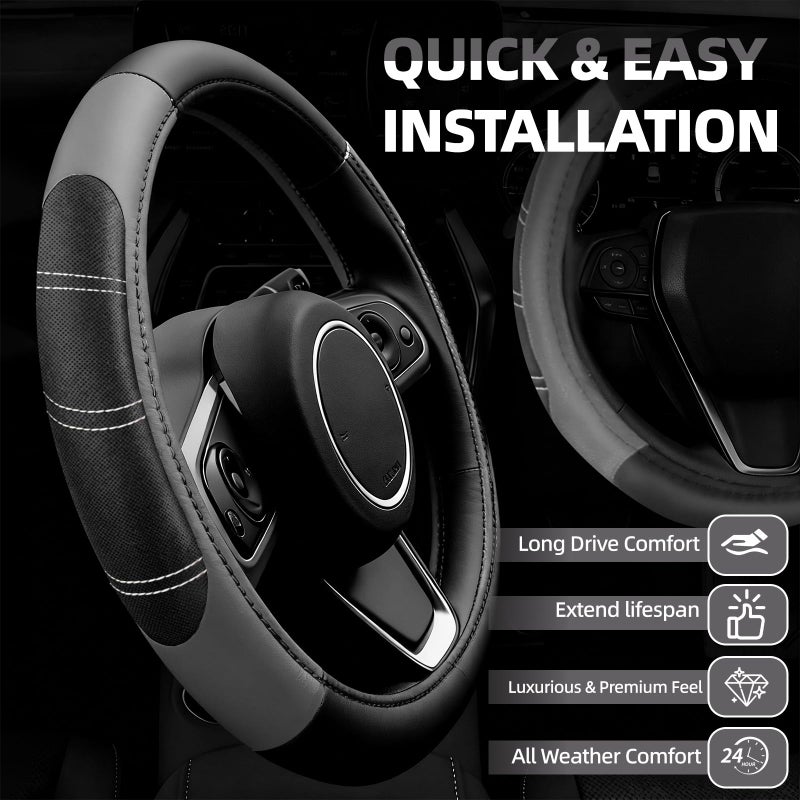 NBTEPEM 6 Pcs Gray Car Accessories Set, Sport Leather Steering Wheel Cover 14.5-15inch Universal, Microfiber Leather Car Center Console Cover, Seat Belt Cushion, Cup Holder Coaster (Black-Gray) - Image 2