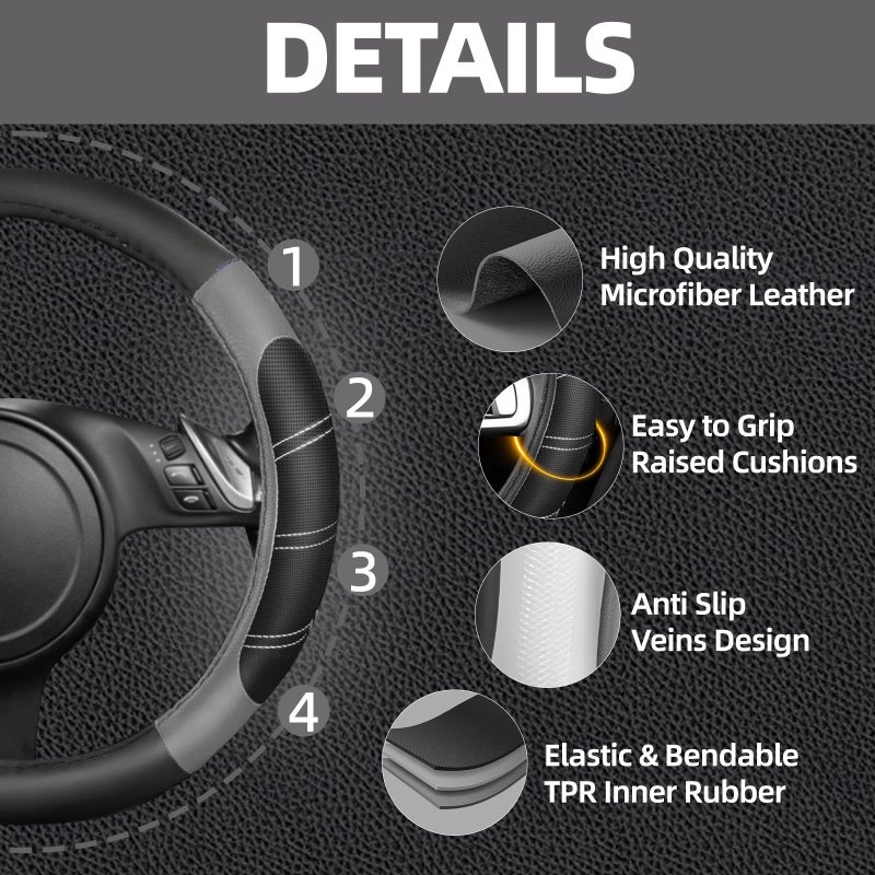 NBTEPEM 6 Pcs Gray Car Accessories Set, Sport Leather Steering Wheel Cover 14.5-15inch Universal, Microfiber Leather Car Center Console Cover, Seat Belt Cushion, Cup Holder Coaster (Black-Gray) - Image 3