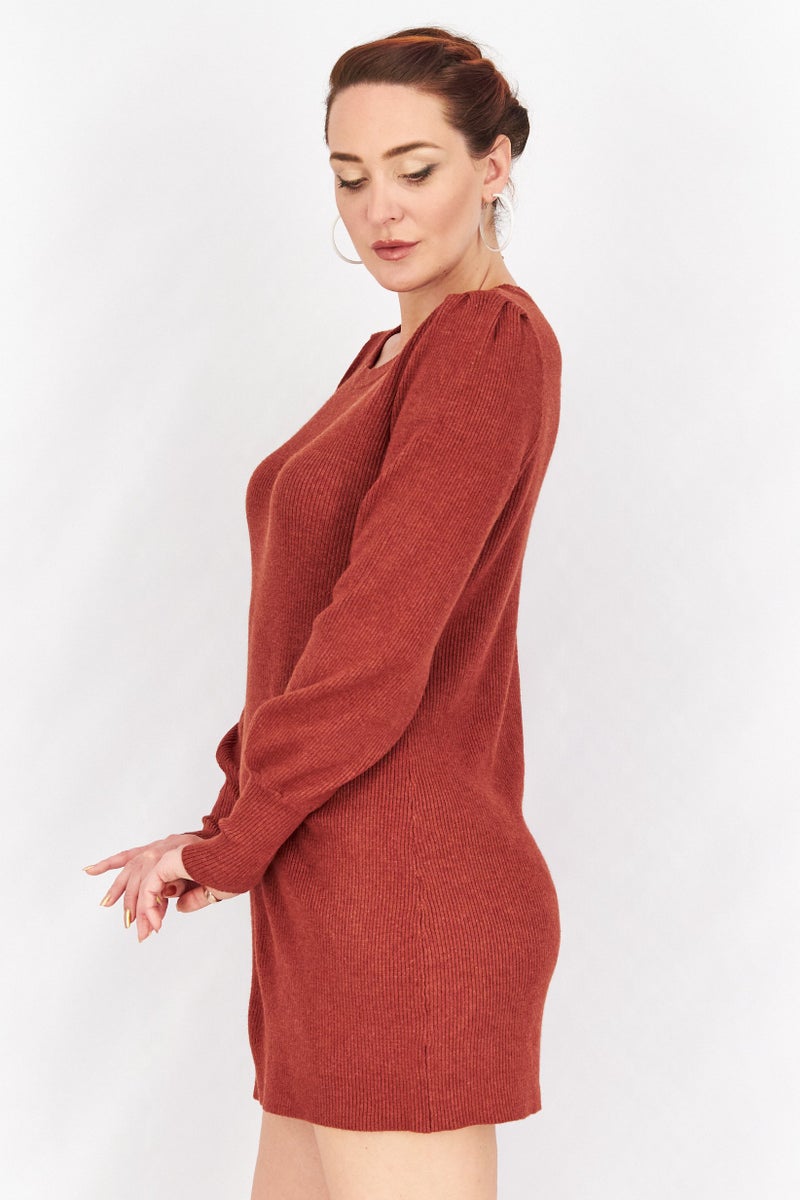 BB Dakota by Steve Madden Women Ribbed Long Sleeve Mini Sweater Dress, Rust - Image 3