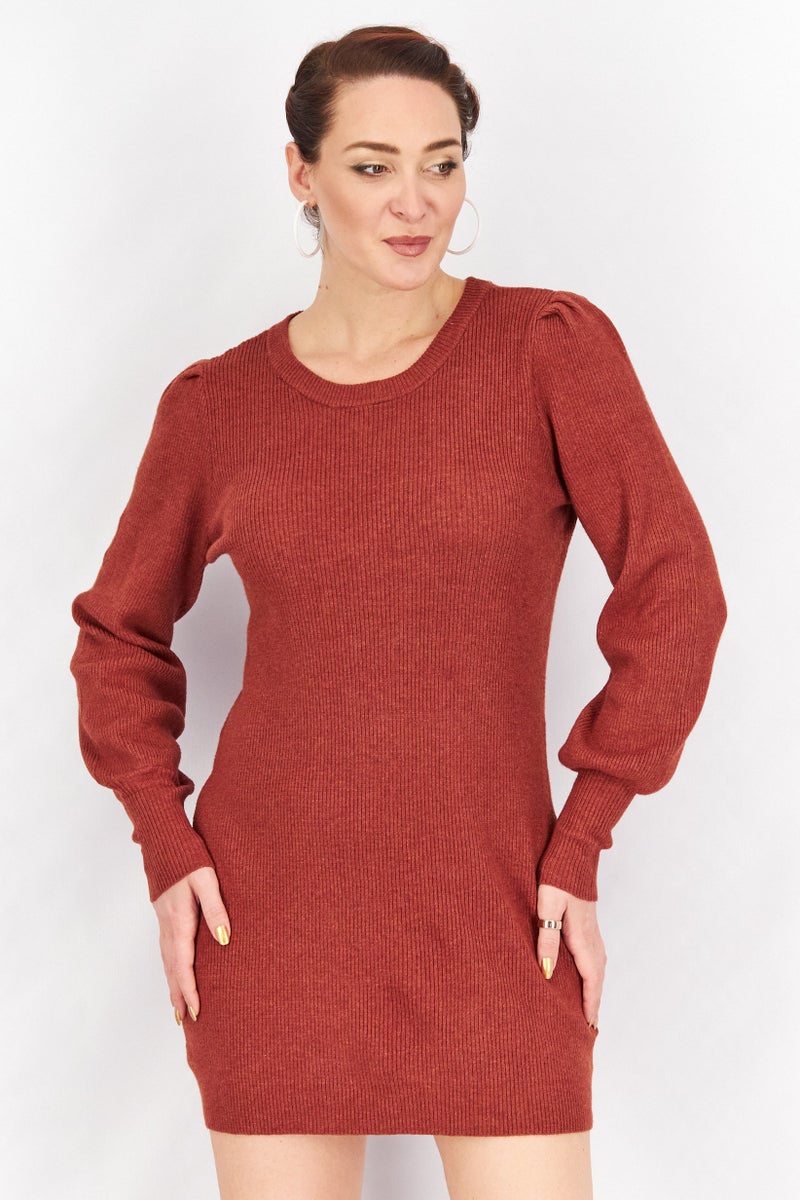 BB Dakota by Steve Madden Women Ribbed Long Sleeve Mini Sweater Dress, Rust - Image 1