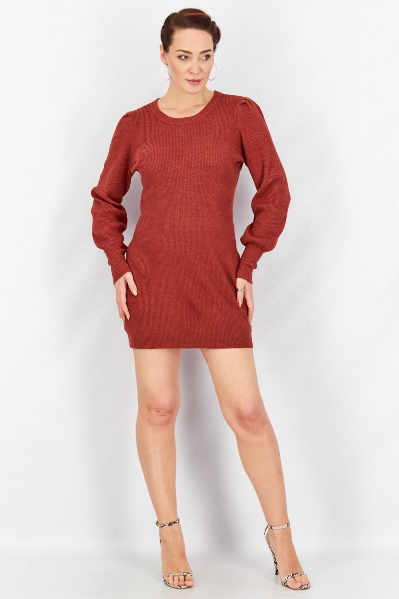 BB Dakota by Steve Madden Women Ribbed Long Sleeve Mini Sweater Dress, Rust - Image 4