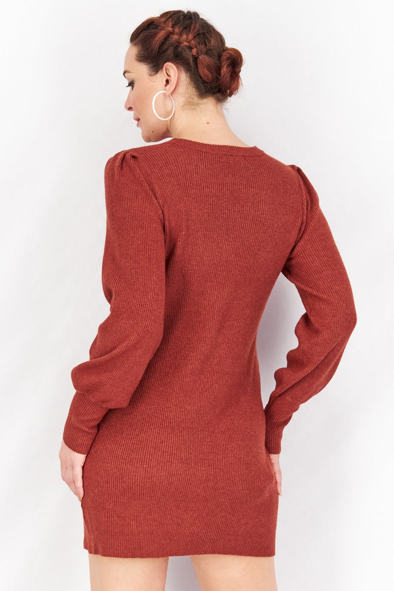 BB Dakota by Steve Madden Women Ribbed Long Sleeve Mini Sweater Dress, Rust - Image 2