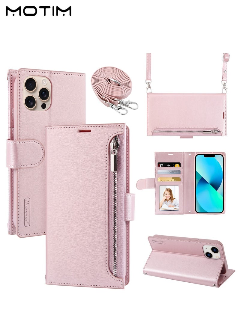 Motim Crossbody iPhone 15 Pro Wallet Phone Case with Shoulder Strap, iPhone 15 Pro Leather Wallet Bag with Card Holder, Shockproof Protection Wallet Handbag, Kickstand Cover Phone Case  - Image 1
