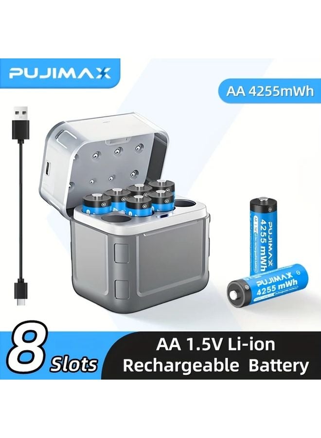 8 قطع بطاريات AA ليثيوم 4255 ملي واط ساعة مع حاوية شفافة رمادية للشحن بجهد ثابت 1.5 فولت - Image 1