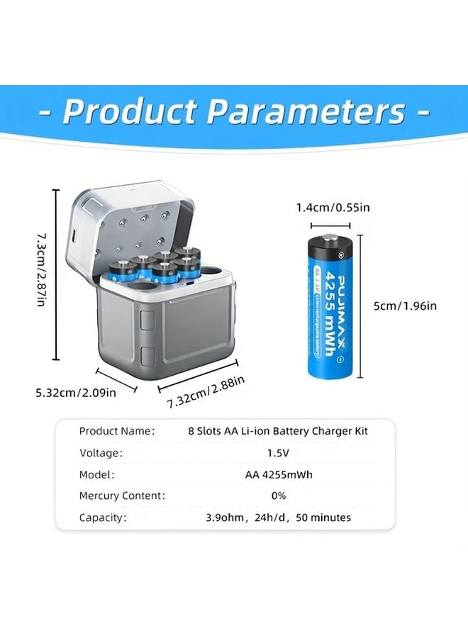 8 قطع بطاريات AA ليثيوم 4255 ملي واط ساعة مع حاوية شفافة رمادية للشحن بجهد ثابت 1.5 فولت - Image 4