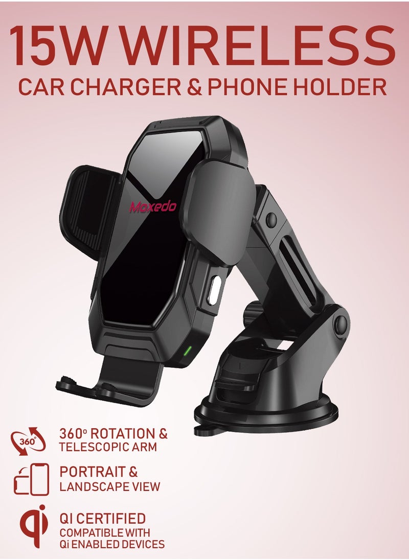 Moxedo - Moxedo 15W Wireless Phone Holder Mount with PD 20W Car Charger, Qi Auto Sensor Arms Windshield/Dashboard/Air Vent Compatible for iPhone 13 12 11 Pro, XR, XS, XS Max, XR, X, Galaxy S20 Note 20 Ultra & All Smartphones - Image 1