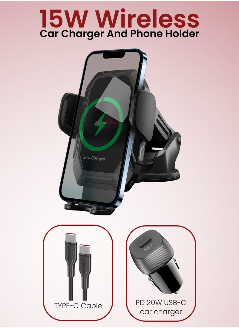 Moxedo Moxedo 15W Wireless Phone Holder Mount with PD 20W Car Charger, Qi Auto Sensor Arms Windshield/Dashboard/Air Vent Compatible for iPhone 13 12 11 Pro, XR, XS, XS Max, XR, X, Galaxy S20 Note 20 Ultra & All Smartphones  - Image 5