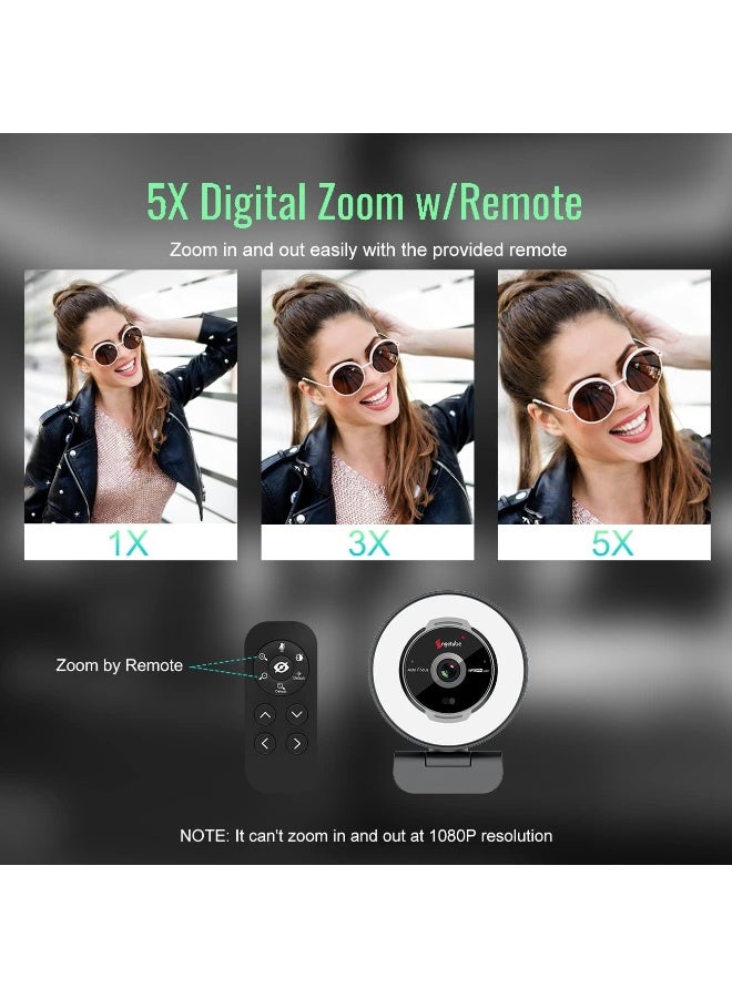 Angetube Streaming Webcam with Microphone: 1080P 60FPS USB Web Cam with Ring Light and Remote Control - HD Web Camera with 5X Digital Zoom Built in Privacy Cover,for PC|Computer|Laptop|Mac|Desktop - Image 2