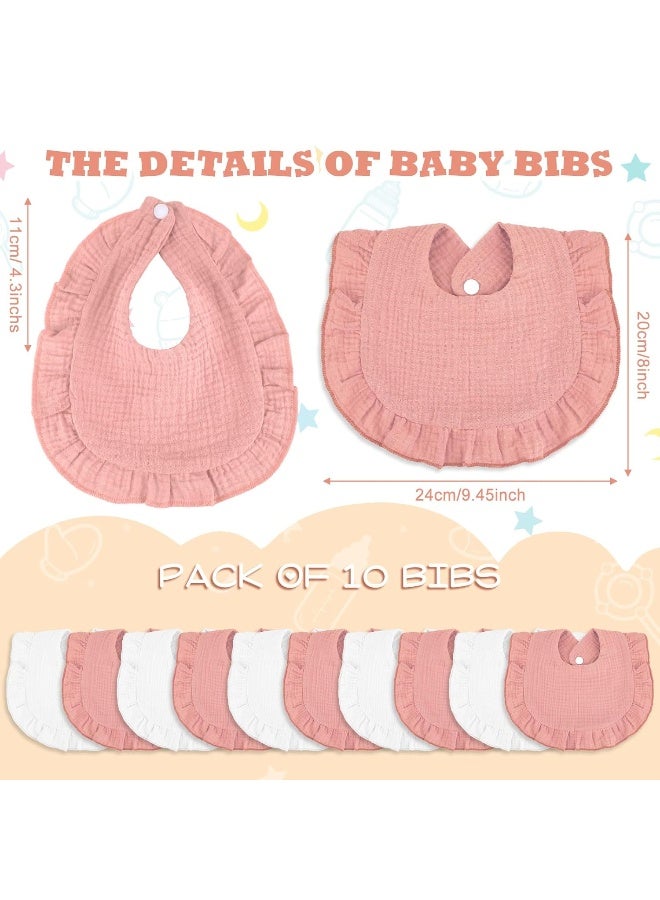 Seematn 10 Pcs Baby Muslin Bibs Drool Bibs Bandana Ruffle Soft Cotton for Newborn Baby Infants Girl Teething Toddlers Boy(Pink, White) - Image 2