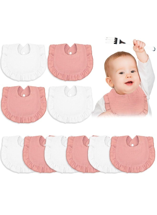 Seematn 10 Pcs Baby Muslin Bibs Drool Bibs Bandana Ruffle Soft Cotton for Newborn Baby Infants Girl Teething Toddlers Boy(Pink, White) - Image 1