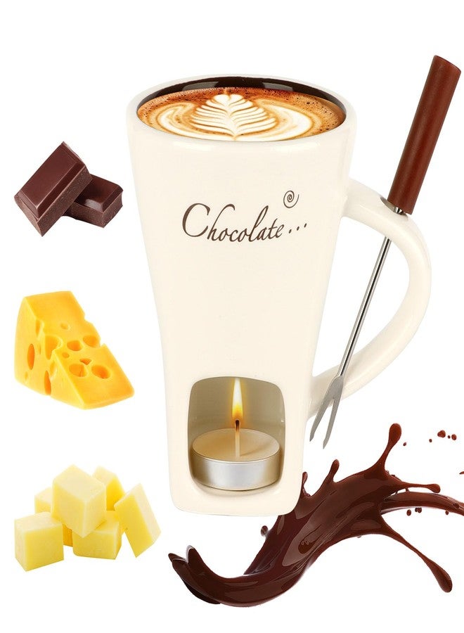 SUTENG Chocolate Fondue Mug with Forks, Ceramic Personal Chocolate Melting Sweet Fondue Cup for Cheese, Sweetheart Fondue Mug for Date Night, Birthday, Wedding Gifts (White) - Image 1
