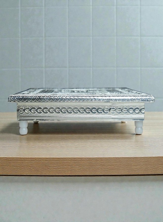 Sigaram 10x10 Inch Silver Plated Wooden Bajot Bush Chowki/Patla for Home Pooja Decor K4933 - Image 4