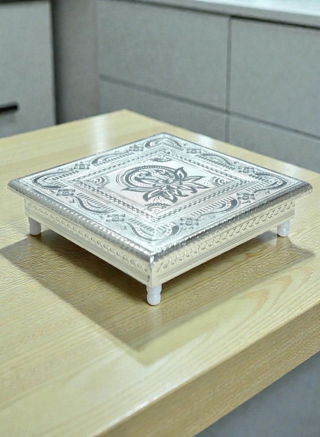 Sigaram 10x10 Inch Silver Plated Wooden Bajot Bush Chowki/Patla for Home Pooja Decor K4933 - Image 5