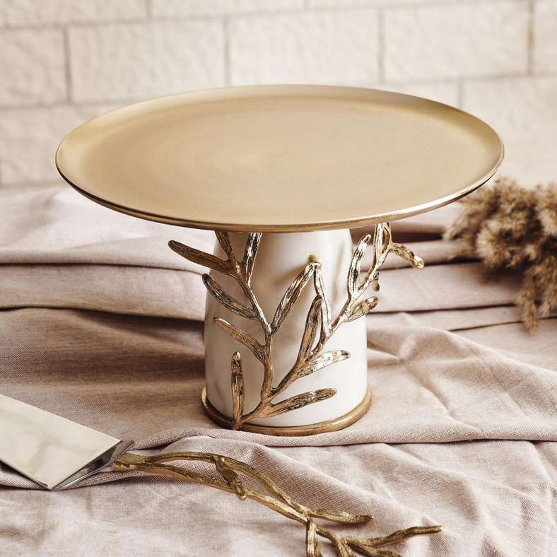 Ornate Metal with Marble Base Cake Stand 27x27x18cm - Gold