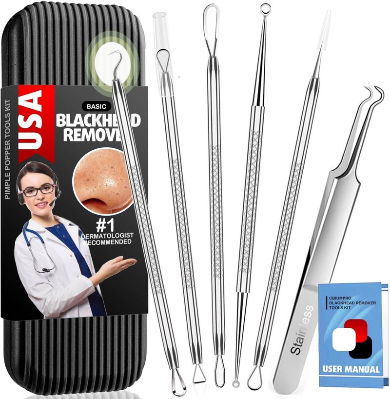 Cbiumpro 6 Pack Blackhead Remover Tools Pimple Popper Tool Kit Professional Blackhead Extractor for Zit Acne Whitehead Comedone on Nose with Case