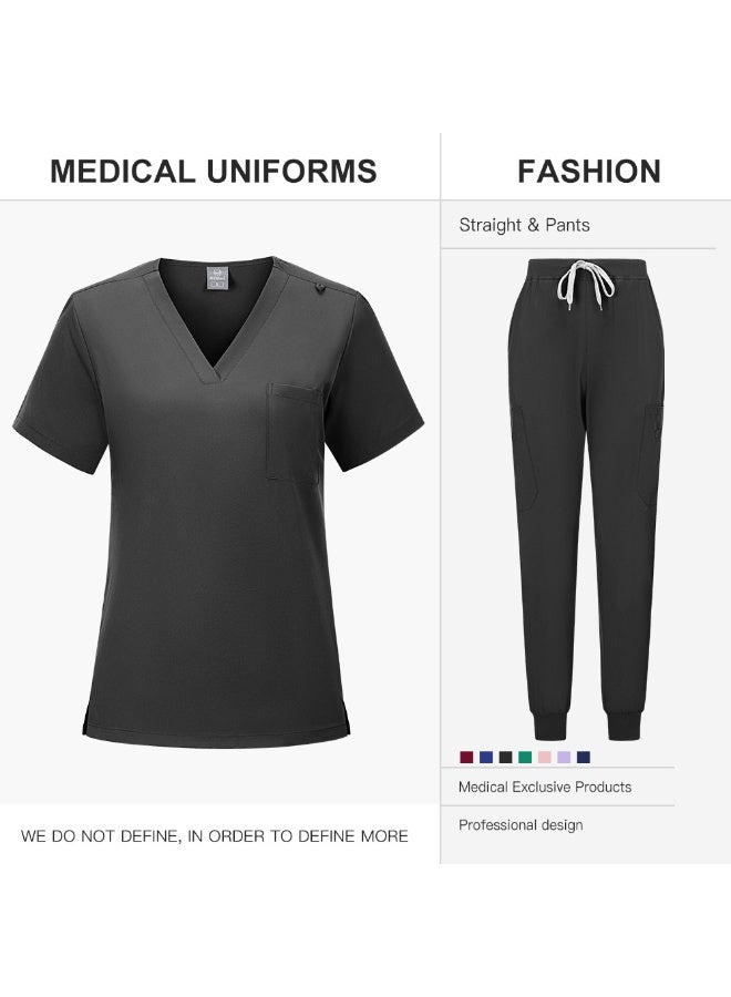 Loquat Womens Medical Scrubs Set Medical Uniform Set Black - Image 1