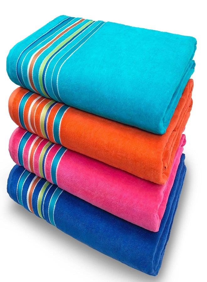 Softerry Large Beach Towel Extra Soft 36 x 70 inch Hotel Pool, Resort and SPA Style 100% Cotton Solid Colors with Striped Border (Pink-Orange-Turquoise-Cobalt, 4 Pack) - Image 1