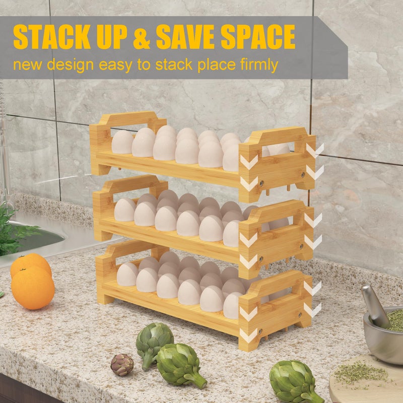 MinBoo Bamboo Egg Holder Countertop - Stackable Design for Fresh Eggs, Farmhouse Egg Tray Storage Display Rack, Kitchen Counter Top Organizer Wooden Egg Stand, Fits Quail, Duck, Turkey, Chicken Eggs (Luxury) - Image 3