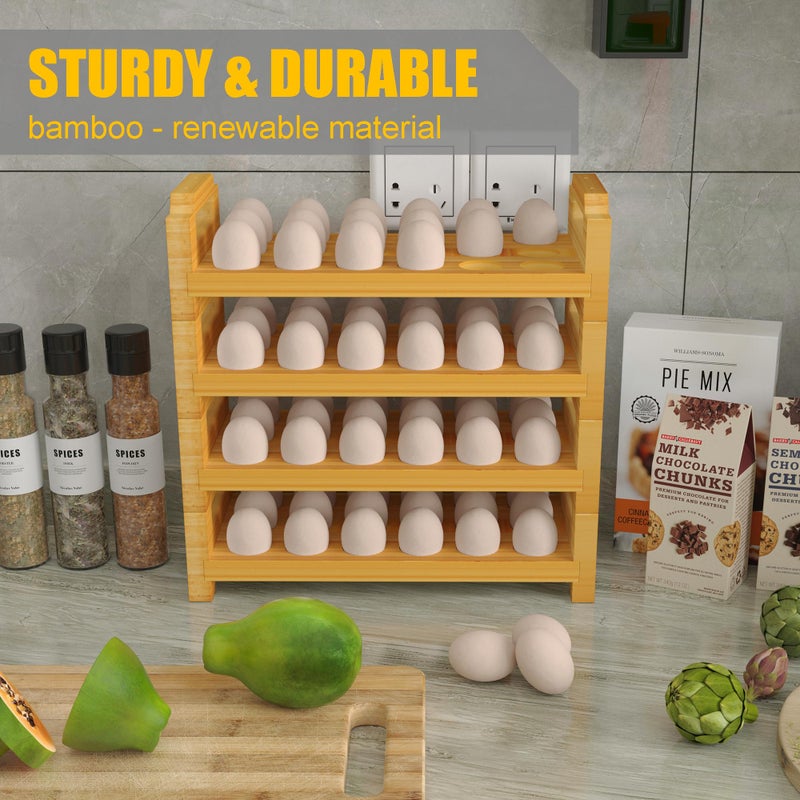 MinBoo Bamboo Egg Holder Countertop - Stackable Design for Fresh Eggs, Farmhouse Egg Tray Storage Display Rack, Kitchen Counter Top Organizer Wooden Egg Stand, Fits Quail, Duck, Turkey, Chicken Eggs (Luxury) - Image 4