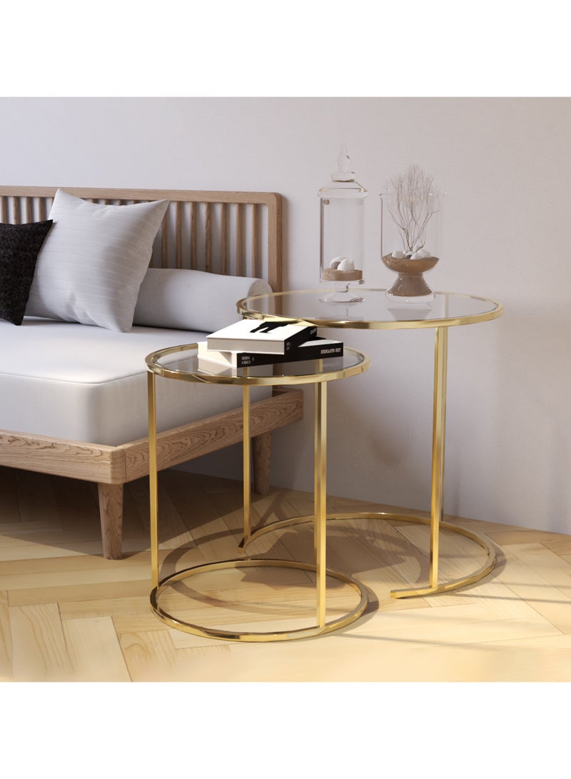 RIGID Steel Nesting Tables set of 2 with Glass Top Gold 58x58x58cm  - Image 1