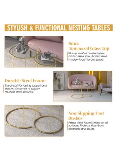 RIGID Steel Nesting Tables set of 2 with Glass Top Gold 58x58x58cm  - Image 3